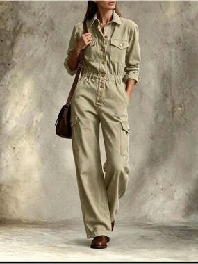 Utility Cotton-Blend Jumpsuit in Olive